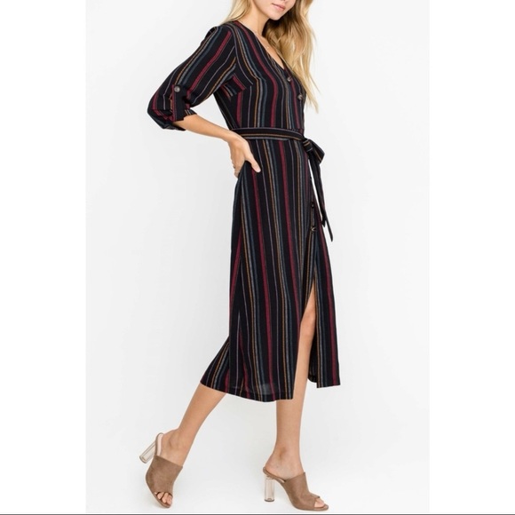 Lush Pinstriped Waist Belt Button Down Front Slit Midi Dress - Picture 1 of 10